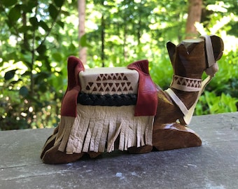 Handmade wooden camel with accessories leather, Large size