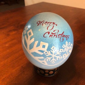 Painting on the ostrich egg with copper stand, Snowflakes, snow star, Merry Christmas