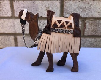 Handmade wooden camel with accessories leather with leather burning design on the two sides