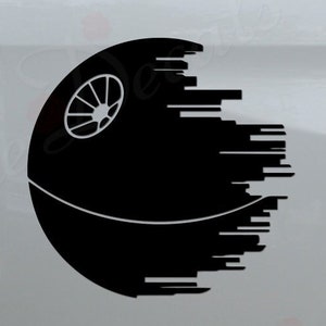 May include: A white pickup truck with a black Death Star decal on the back. The decal is a silhouette of the Death Star with a streak of light behind it. The truck has a chrome bumper with the words "Rosie Decals" in red letters.