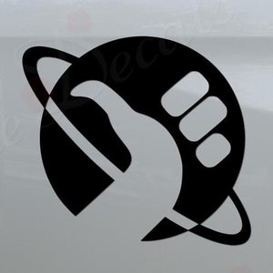 May include: Black and white vinyl decal of a fist giving a thumbs up inside a circle with a ring around it, on the back of a white pickup truck.