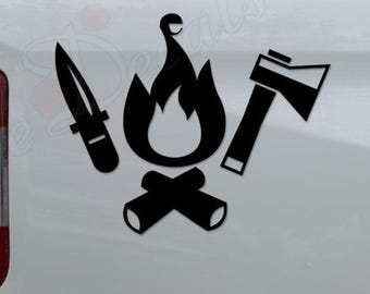 Camping Camper Campfire Knife Ax Outdoor Vinyl Decal Sticker: Car, Truck, Window, Bumper, Wall, Laptop Decor