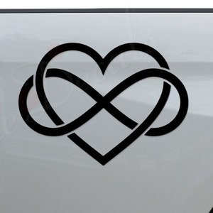May include: Black infinity symbol intertwined with a heart shape, a vinyl decal sticker on a white truck.