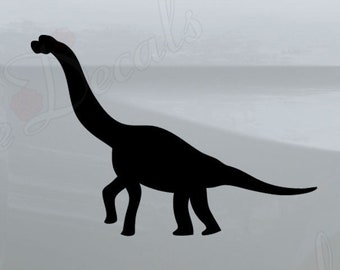 May include: A black silhouette of a dinosaur, possibly a Brachiosaurus, is displayed on the back of a white pickup truck. The dinosaur is facing right and has a long neck and tail.