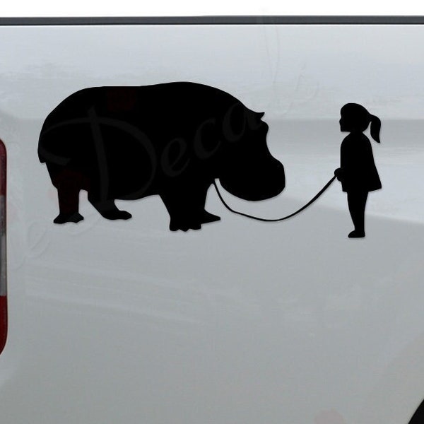 Girl Walking Hippo Hippopotamus Die Cut Vinyl Decal Sticker For Car Truck Motorcycle Window Bumper Wall Home Office Decor