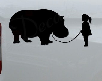 Girl Walking Hippo Hippopotamus Die Cut Vinyl Decal Sticker For Car Truck Motorcycle Window Bumper Wall Home Office Decor