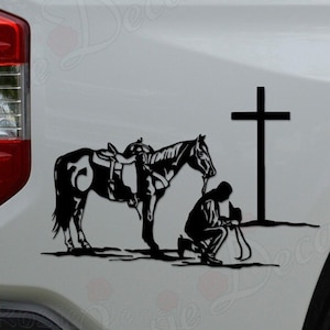 Cowboy Horse Praying Cross Christian Prayer Die Cut Vinyl Decal Sticker For Car Truck Motorcycle Window Bumper Wall Home Office Decor