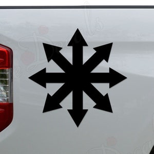 May include: Black vinyl sticker of a chaotic star with eight points, each point ending in an arrow. The sticker is applied to the back of a white pickup truck.