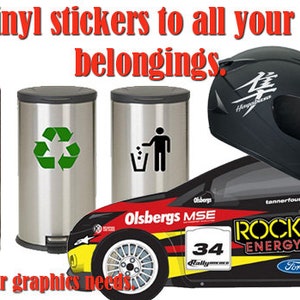May include: A variety of vinyl stickers for decorating different items. Stickers include a recycling symbol, a trash can, a cupcake, a logo for a bakery, a motorcycle helmet, a laptop, a car, and a Rockstar Energy Drink logo.