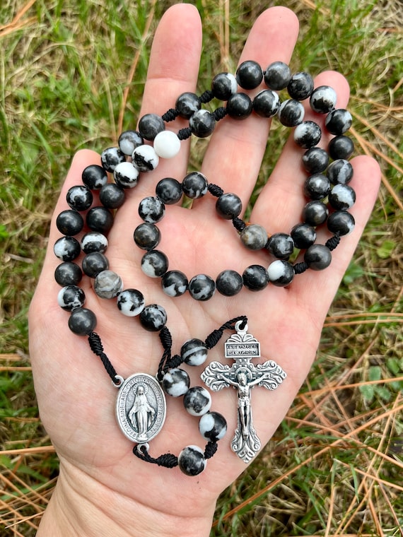 Stone Catholic Corded Rosary, Zebra Jasper, Miraculous Medal