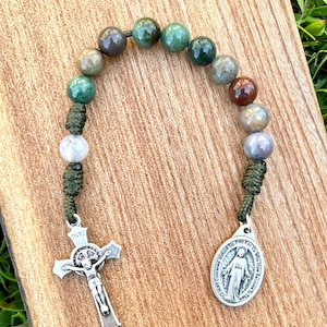 One Decade Rosary, Pocket Rosary, Catholic, Stone Beads, Handmade, Miraculous Medal, Indian Agate