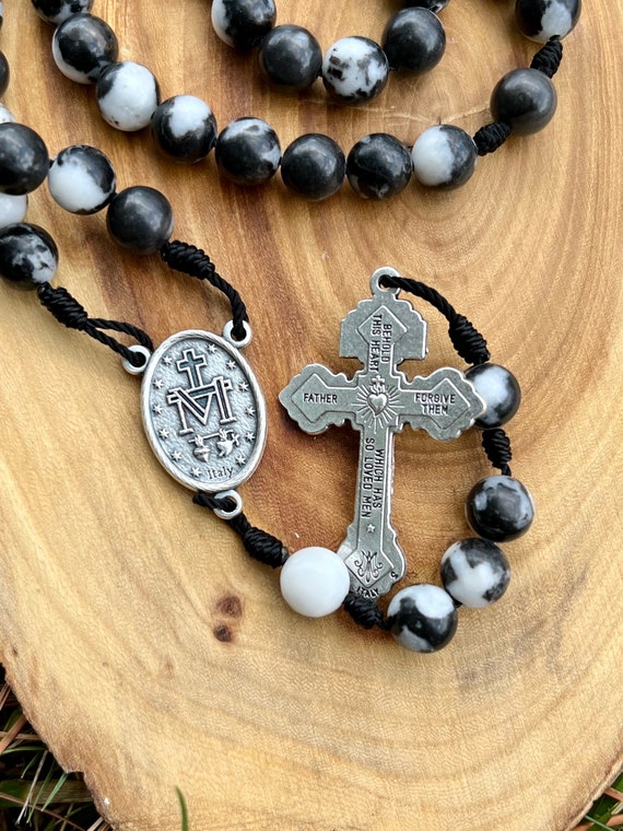 Stone Catholic Corded Rosary, Zebra Jasper, Miraculous Medal