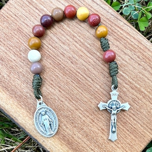 One Decade Rosary, Pocket Rosary, Catholic, Stone Beads, Handmade, Miraculous Medal, Mookaite Jasper