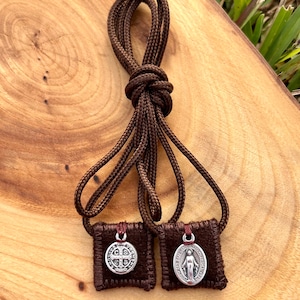 Brown Scapular with Paracord, Miraculous Medal and Saint Benedict Medal, Garment of Grace book, Handmade