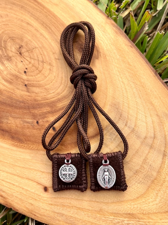 Brown Scapular with Paracord, Miraculous Medal and Saint Benedict Medal, Garment of Grace book, Handmade