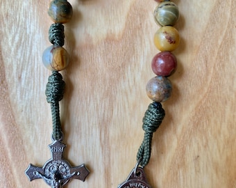 One Decade Rosary, Pocket Rosary, Catholic, Stone Beads, Handmade, Miraculous Medal, Picasso Jasper