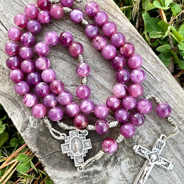 Violet Corded Catholic Rosary, Handmade, Acrylic, Marian Devotion, Kids, Miraculous Medal