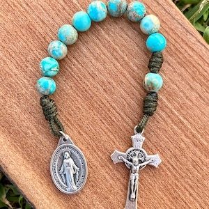 One Decade Rosary, Pocket Rosary, Catholic, Stone Beads, Handmade, Miraculous Medal, Imperial Jasper