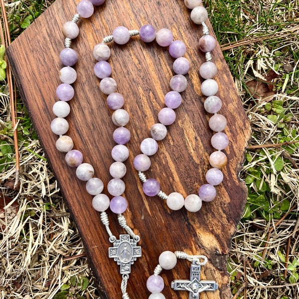 Amethyst Rosary, Stone Catholic Corded, Purple, Miraculous Medal, Fatima Crucifix , Handmade