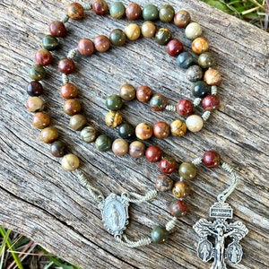 Catholic Stone Corded Rosary, Durable,  Picasso Jasper, Miraculous Medal, Pardon Crucifix, Handmade, Earthy