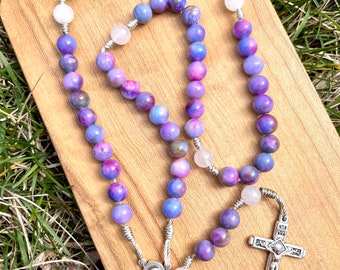 Purple Catholic Rosary, Handmade, Corded, Jade, Mary and Baby Jesus, Fatima Crucifix, Durable