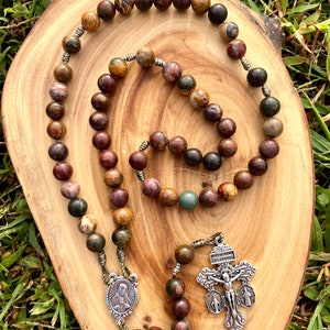 Catholic Stone Corded Rosary, Picasso Jasper, Sacred Heart, Pardon Crucifix, Handmade