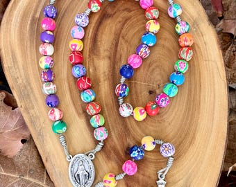 Polymer Clay Rosary, Colorful Flowers, Catholic Rosary, Durable, Handmade, Marian Devotion, Miraculous Medal