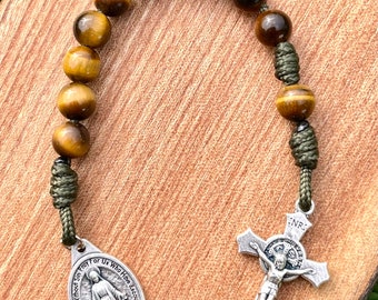 Rosario de una década, rosario de bolsillo, católico, cuentas de piedra, hecho a mano, medalla milagrosa, ojo de tigre