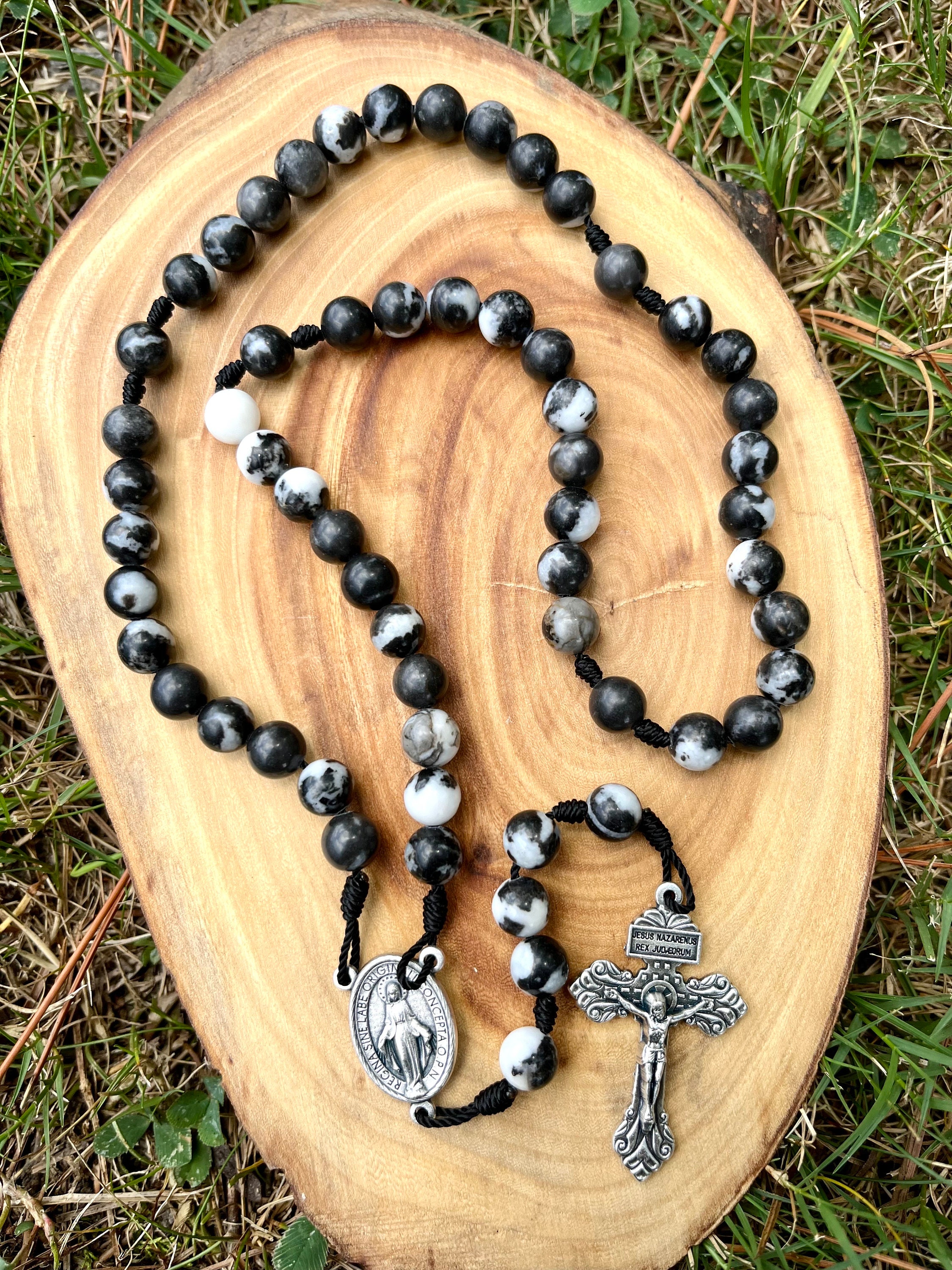 Stone Catholic Corded Rosary, Zebra Jasper, Miraculous Medal
