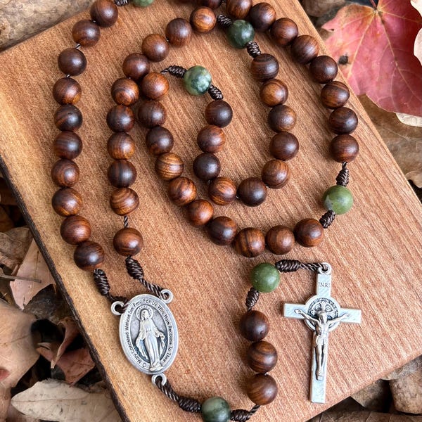 Catholic Rosewood Corded Rosary, Wood, Durable, Miraculous Medal, Saint Benedict Crucifix, Handmade, Earthy