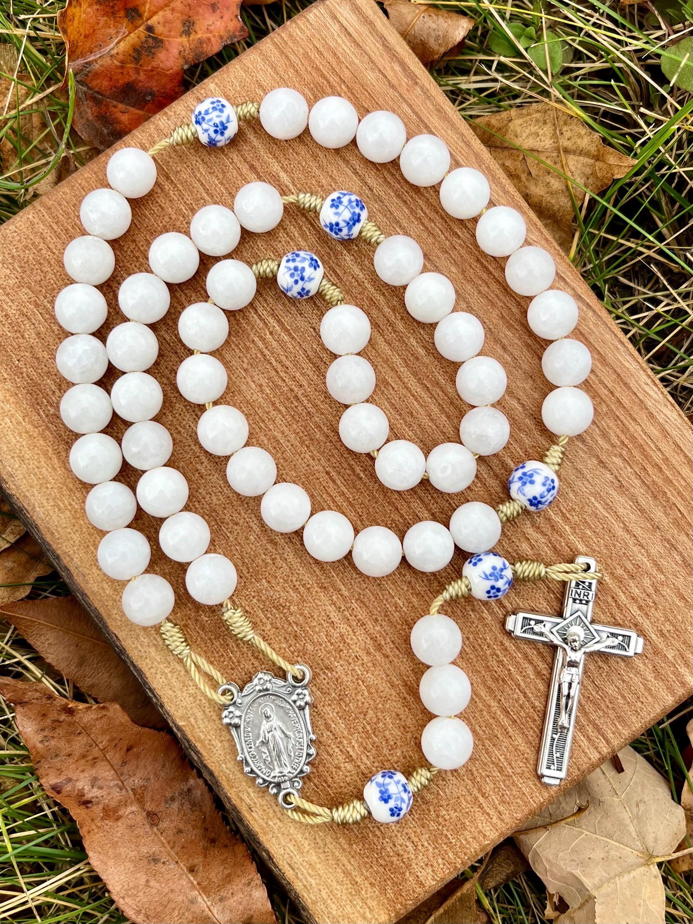 Catholic Stone Corded Rosary, Bride’s Rosary, Wedding, Miraculous Medal, Fatima Crucifix, Handmade, Durable, Something Blue