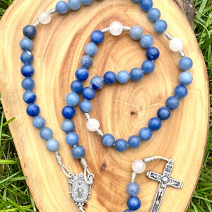 Catholic Stone Corded Rosary, Blue Aventurine, Miraculous Medal, Fatima Crucifix, Handmade, Durable