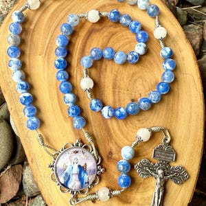 Marian Catholic Stone Corded Rosary, Our Lady Sitting, Blue Agate, Durable, Pardon Crucifix, Handmade