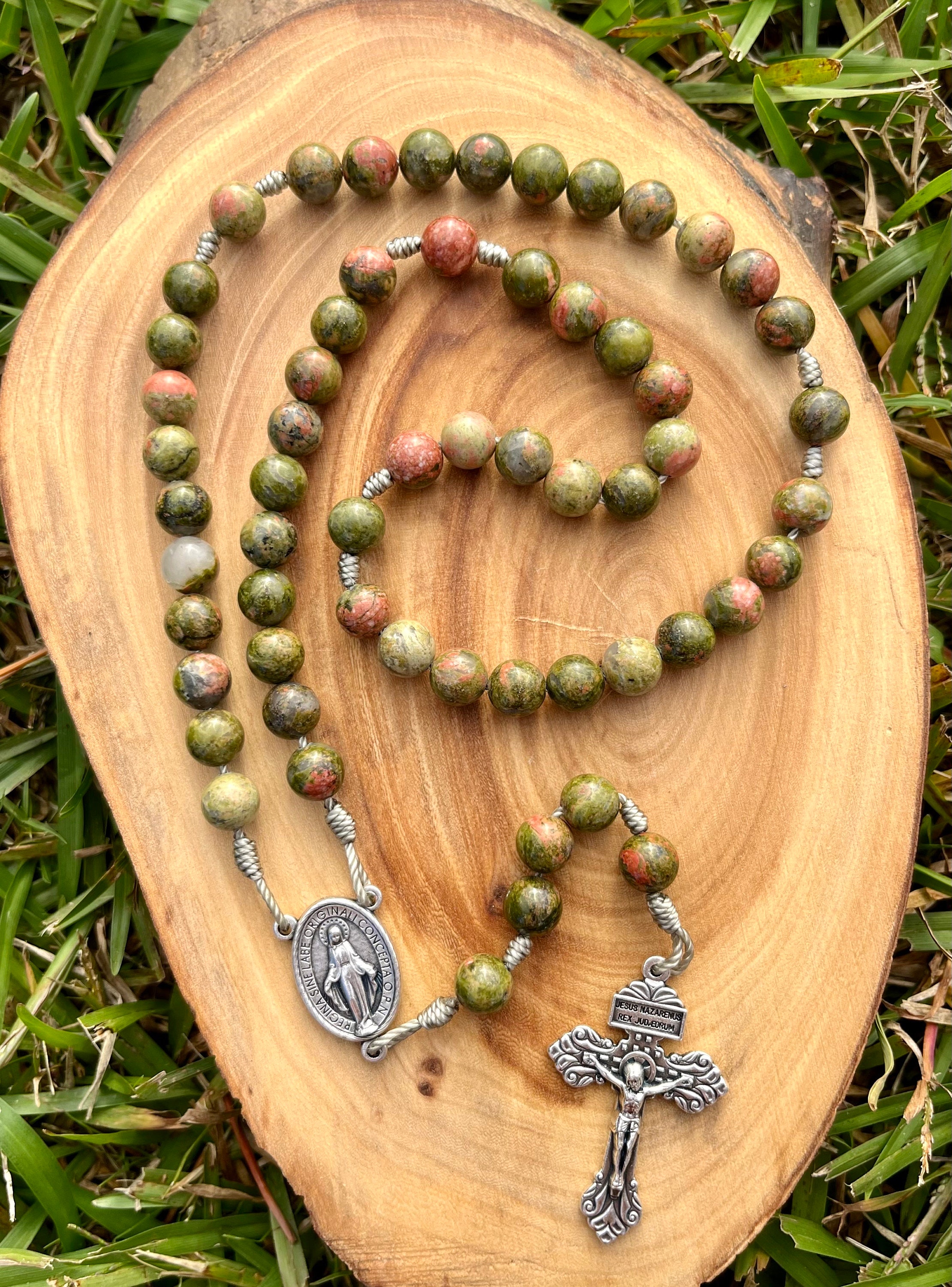 Catholic Stone Corded Rosary, Unakite, Miraculous Medal, Green