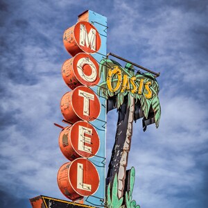 Aged Vintage Antique Oasis Motel Sign Against A Blue Cloudy Sky, Roadside Americana Travel Art - Fine Art Photography Prints, Canvas, Metal