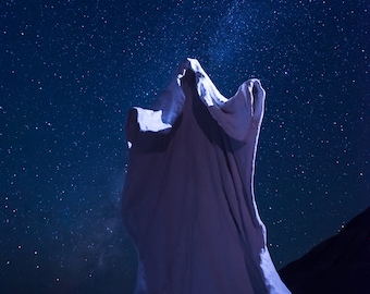 Shrouded Ghost Like Figure At Night, Ghostly Nevada Art Piece At Night With Milky Way Stars - Fine Art Photography Prints, Canvas, Metal