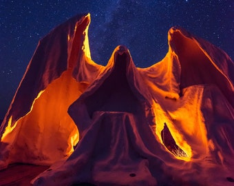 Three Shrouded Ghost Like Figures, Ghostly Nevada Art Piece At Night With Milky Way Photo - Fine Art Photography Prints, Canvas, Metal