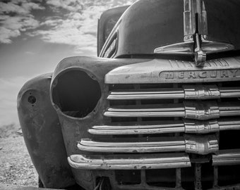 Front Of A Rusty Antique Vintage Classic Ford Mercury Truck, Minimalistic Black & White Art - Fine Art Photography Prints, Canvas, Metal