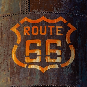 Route 66 Highway Marker Found On Side Of A Rusty Desert Water Tank, Vertical Route 66 Road Art - Fine Art Photography Prints, Canvas, Metal