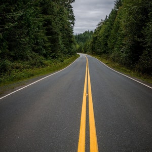Moody Cloudy & Empty Country Forest Road Lined By Thick Lush Green Trees, Vertical Road Art - Fine Art Photography Prints, Canvas, Metal