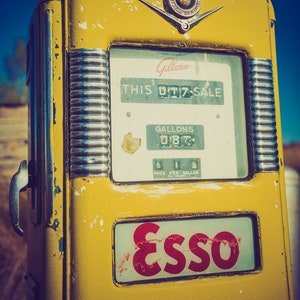 Vintage Antique Aged Chrome and Yellow Esso Gas Pump, Classic Rural Garage Automotive Art - Fine Art Photography Prints, Canvas, Metal