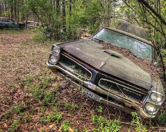 Retro Rusty Antique Classic 60s Pontiac Car In A Rural Georgia Junkyard Named Old Car City - Fine Art Photography Prints, Canvas, Metal