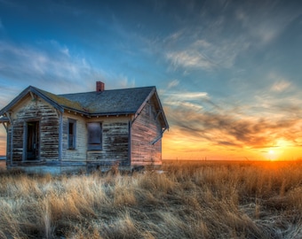 Old Abandoned Farmhouse As The Sun Sets Behind It Across The Vast Flat Open Prairies, Rural Art - Fine Art Photography Prints, Canvas, Metal