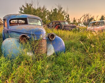 Rusty Vintage Abandoned Classic Car Resting In A Field At Sunrise, Rural Saskatchewan Canada - Fine Art Photography Prints, Canvas, Metal