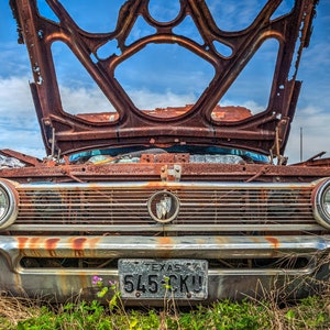 Abandoned Classic Antique 60s Buick With Rusted Out Hood Looking Skyward In A Rural Texas Yard - Fine Art Photography Prints, Canvas, Metal