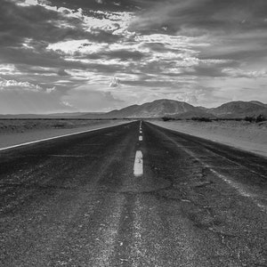 Lonely Empty Broken Road Through The Rural Desolate Nevada Desert, Black & White Desert Roads - Fine Art Photography Prints, Canvas, Metal