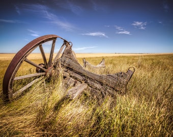 Los restos y la rueda oxidada de un vagón pionero de madera abandonado en un campo rural - Bellas Artes Fotografía Grabados, Lienzo, Metal
