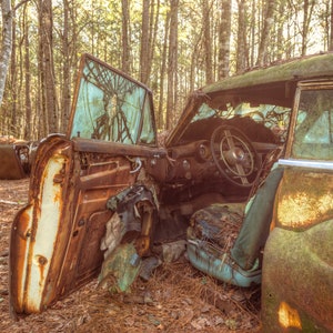 Rusty Old Vintage Classic Antique Car With Open Door, Rural Georgia Junkyard Named Old Car City - Fine Art Photography Prints, Canvas, Metal