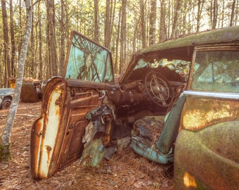 Rusty Old Vintage Classic Antique Car With Open Door, Rural Georgia Junkyard Named Old Car City - Fine Art Photography Prints, Canvas, Metal