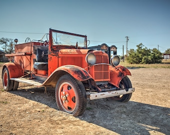 Old Classic Antique Rusted Red Vintage Firetruck In The Nevada Desert, Antique Automotive Art - Fine Art Photography Prints, Canvas, Metal